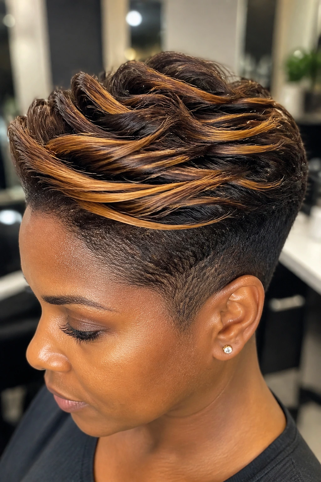 Close-up of tapered cut with butterscotch ribbons