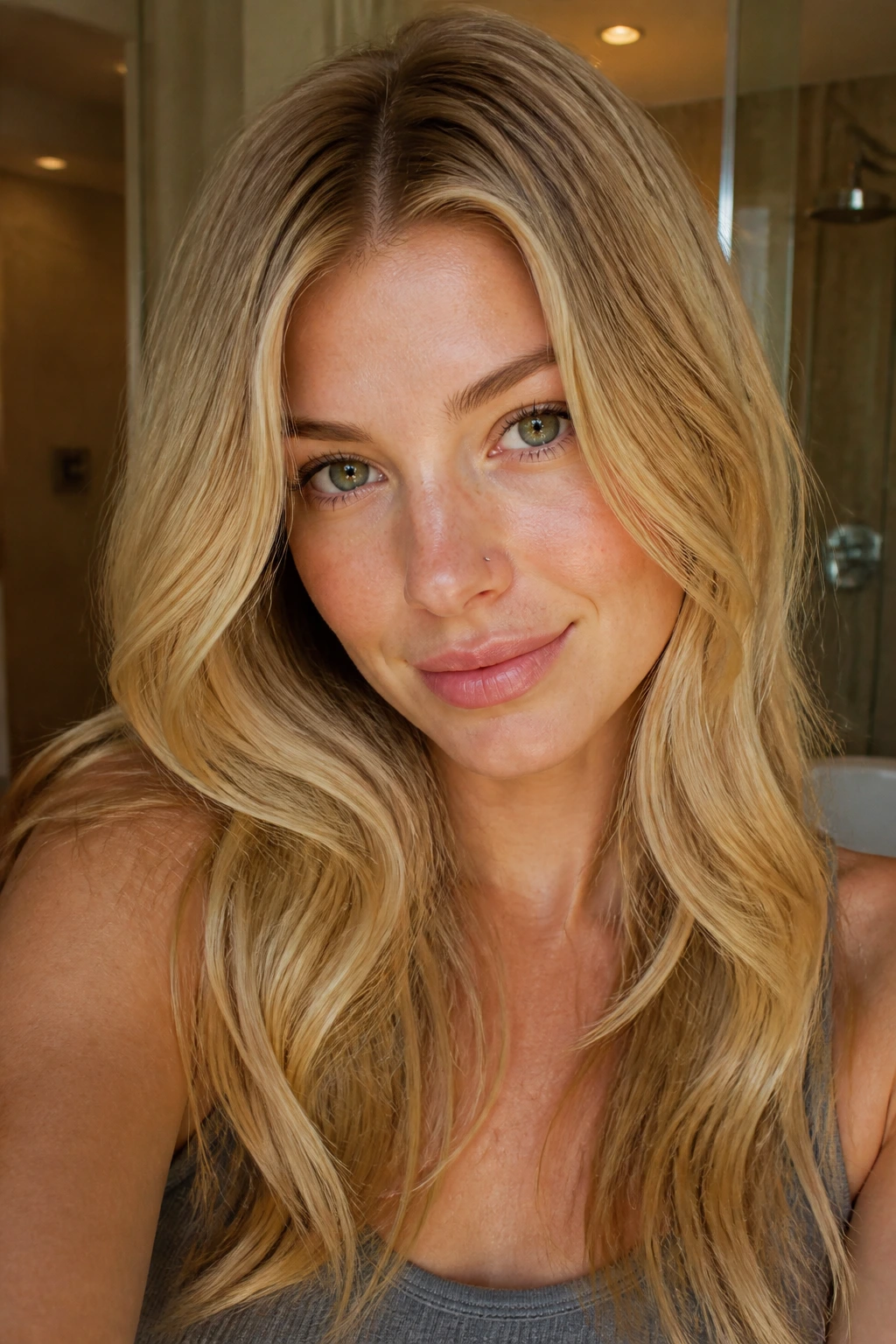 Close-up portrait of a real woman with butterscotch root shadow hair