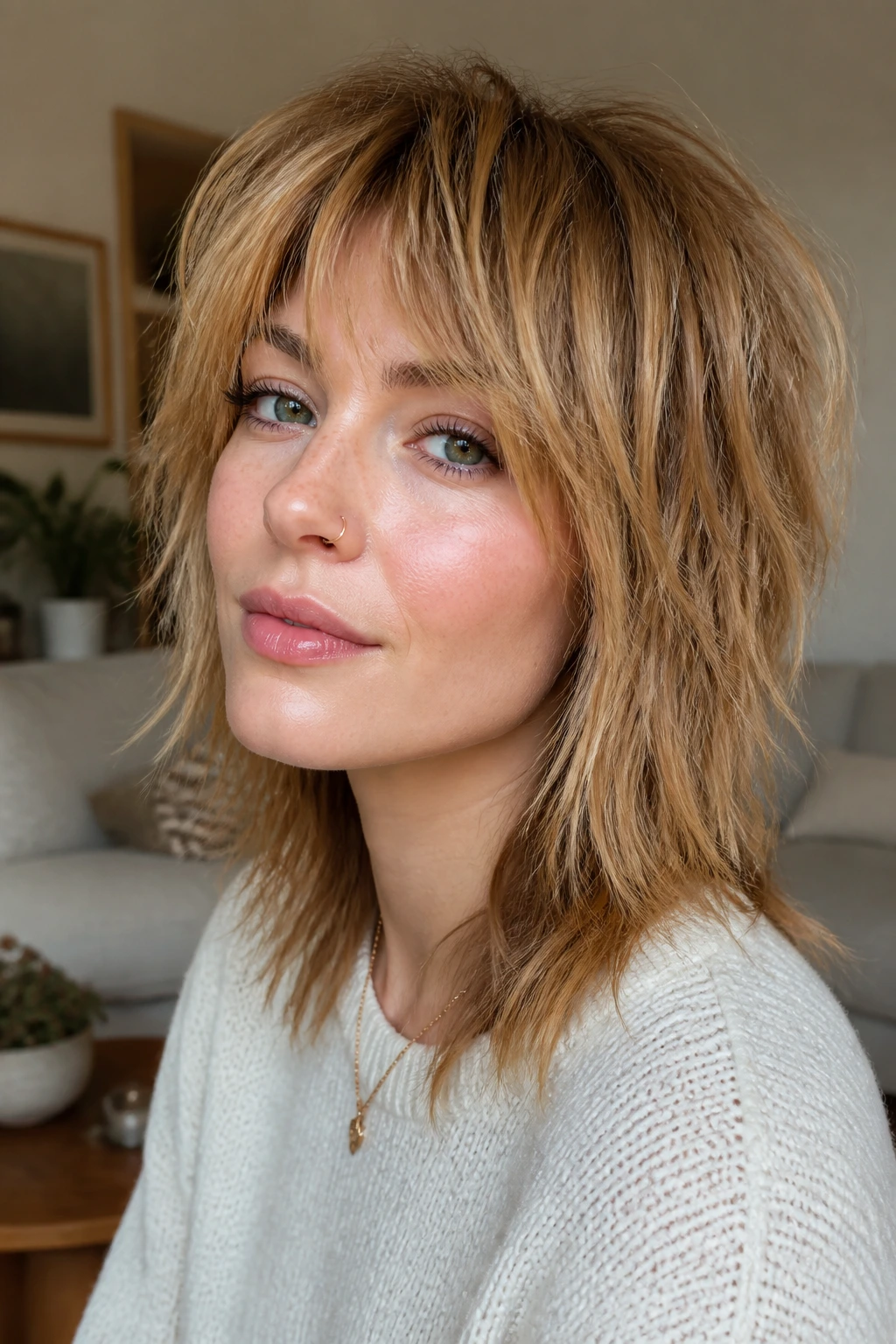 Close-up portrait of a real woman with a butterscotch shag and choppy ends