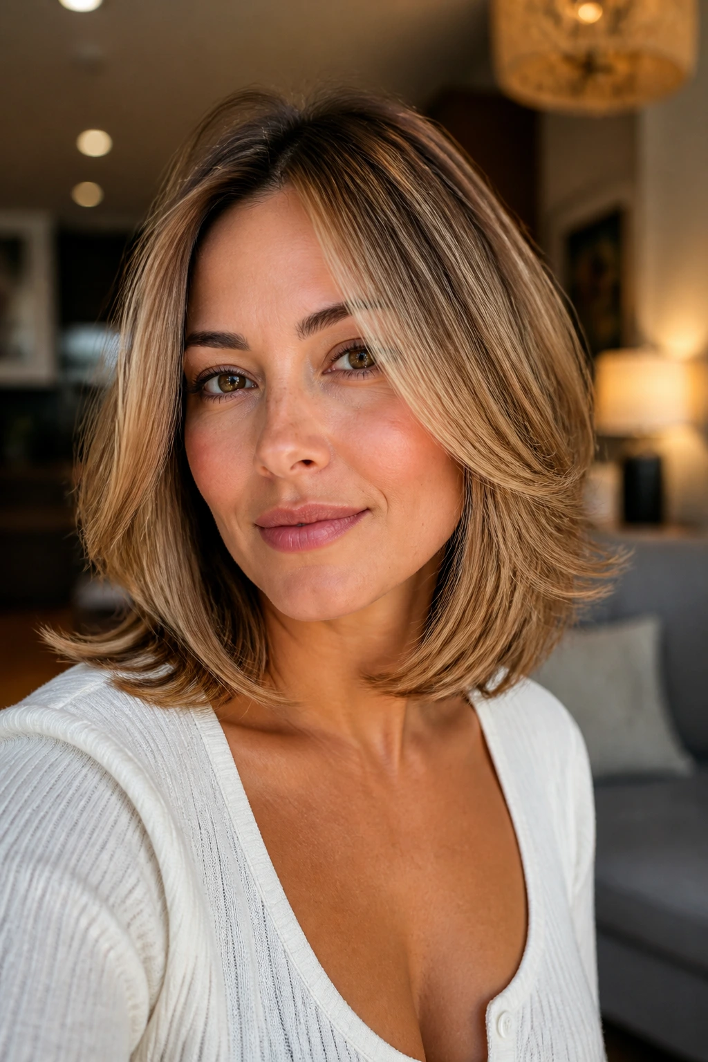 Close-up portrait of a real woman with shoulder-length hair flipped outward in butterscotch tones