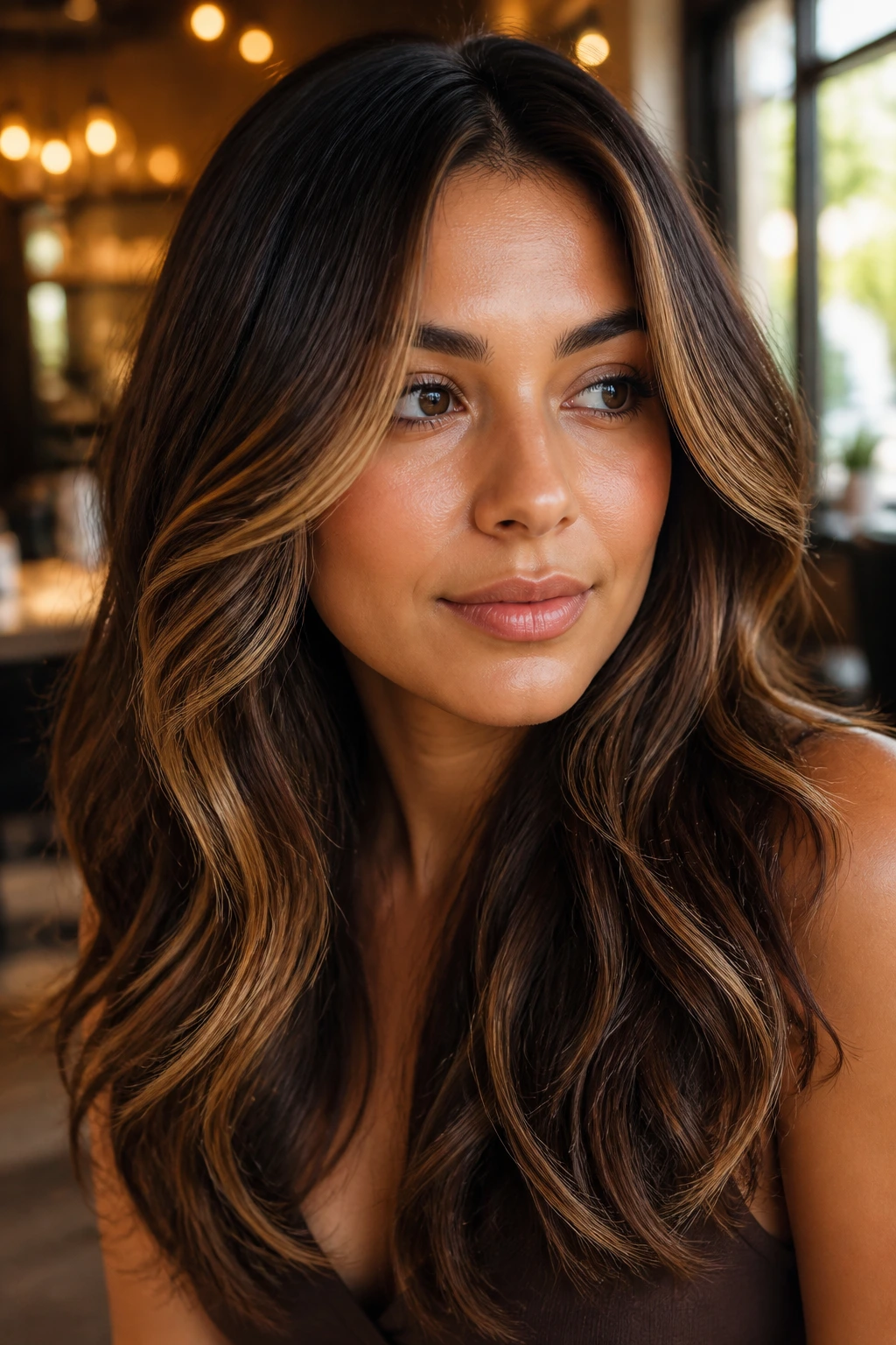 Close-up of brunette hair with butterscotch swirl highlights framing the face