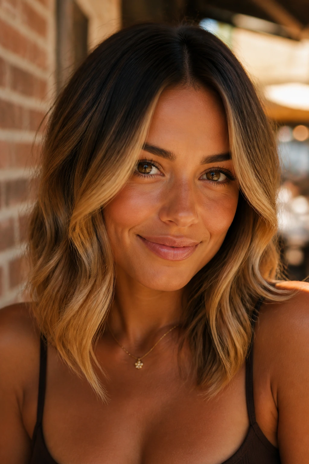Close-up portrait of butterscotch swirl around the jawline hairstyle