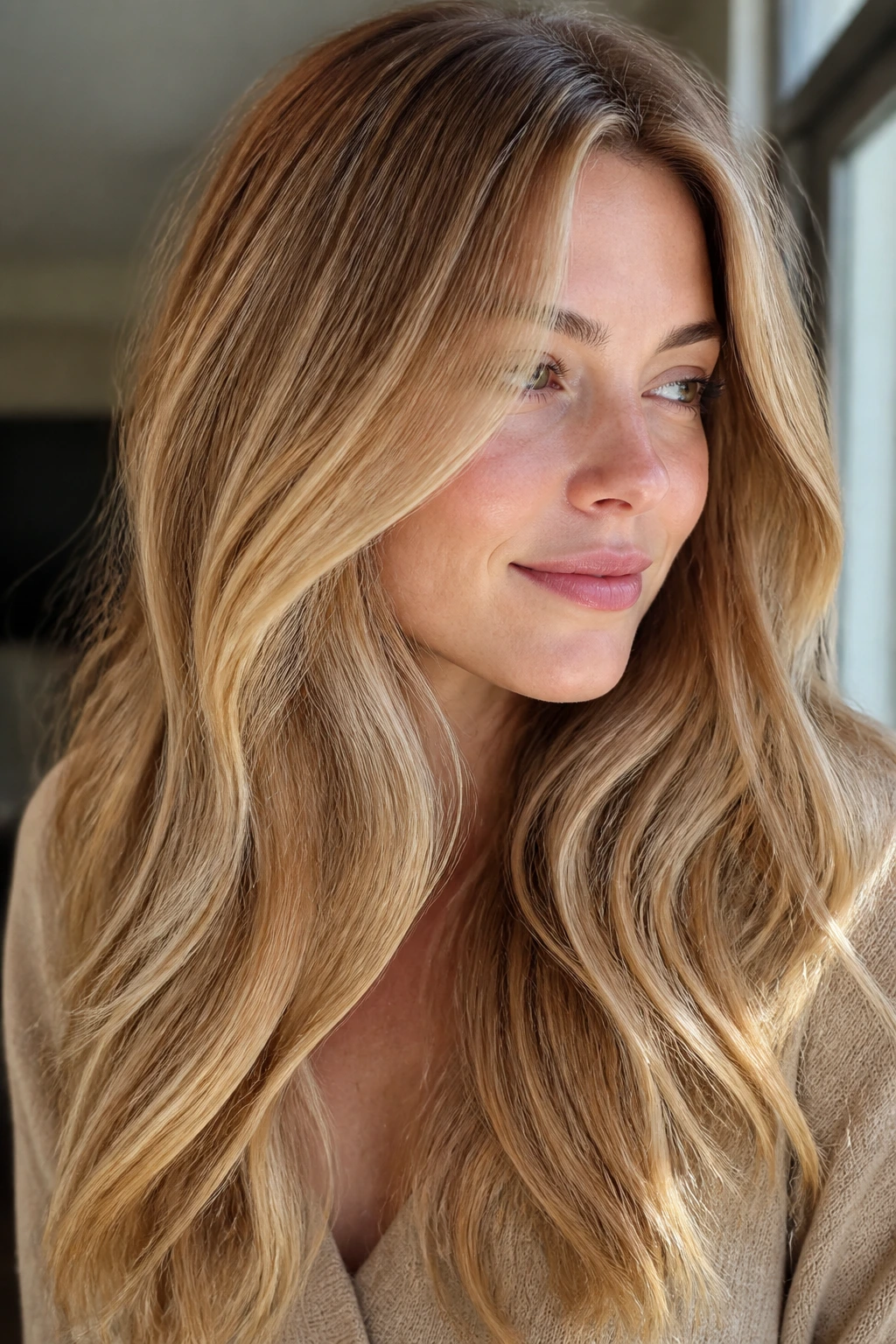 Close-up of a real person with warm butterscotch hair reading beige over orange