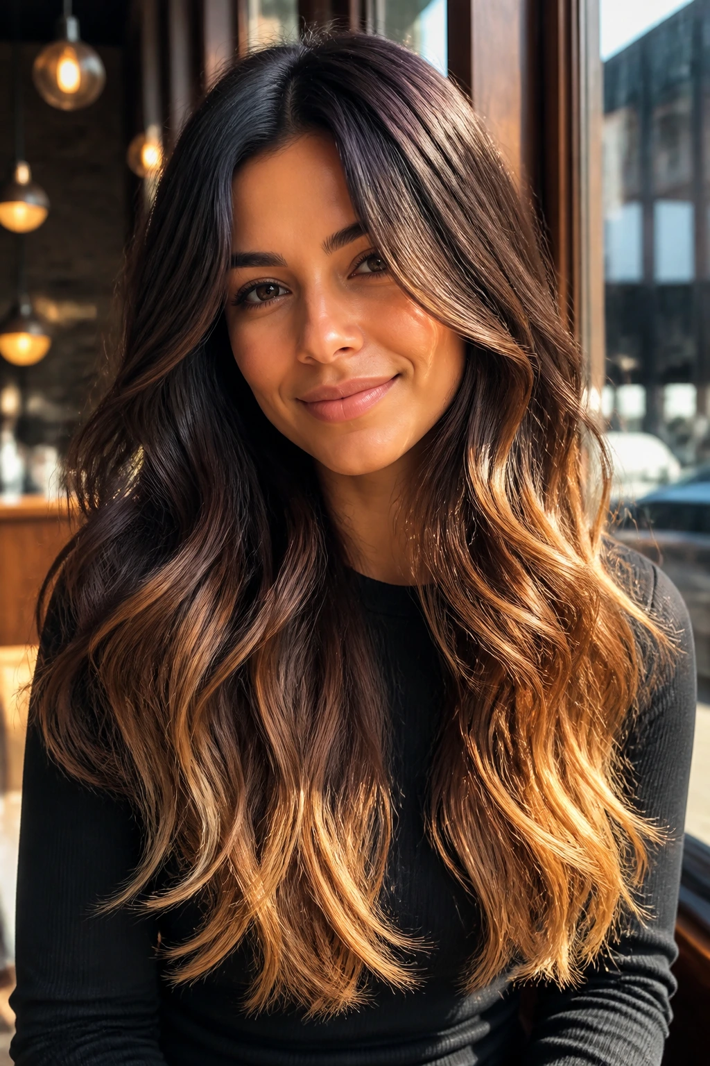 Close-up portrait of a real person with butterscotch-dipped ends on long wavy hair in warm light
