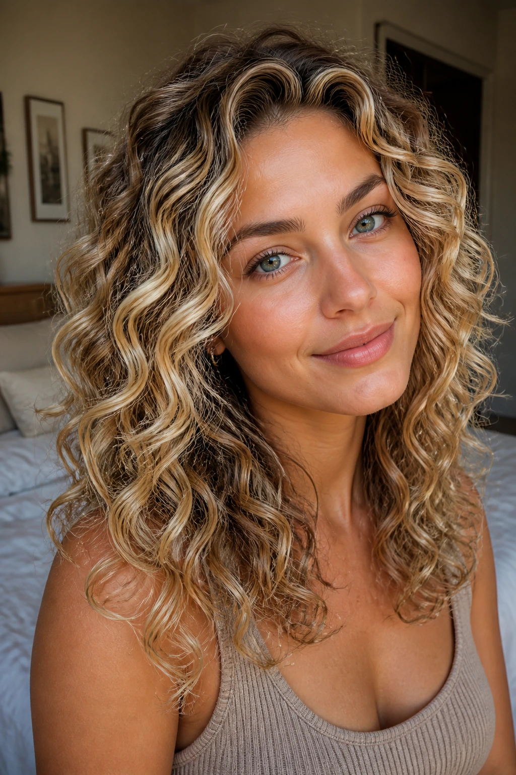 Close-up portrait of a real person with buttery face-framing babylights on soft spiral curls