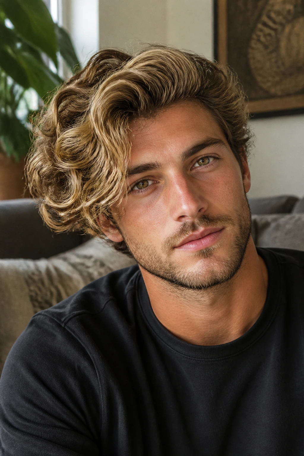 Close-up of real person with loose curls and buttery balayage sweep