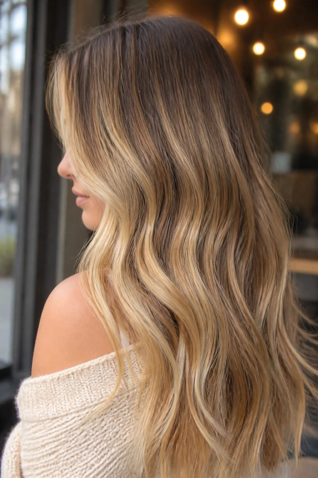 Close-up portrait of a real woman with buttery balayage and mocha lowlights