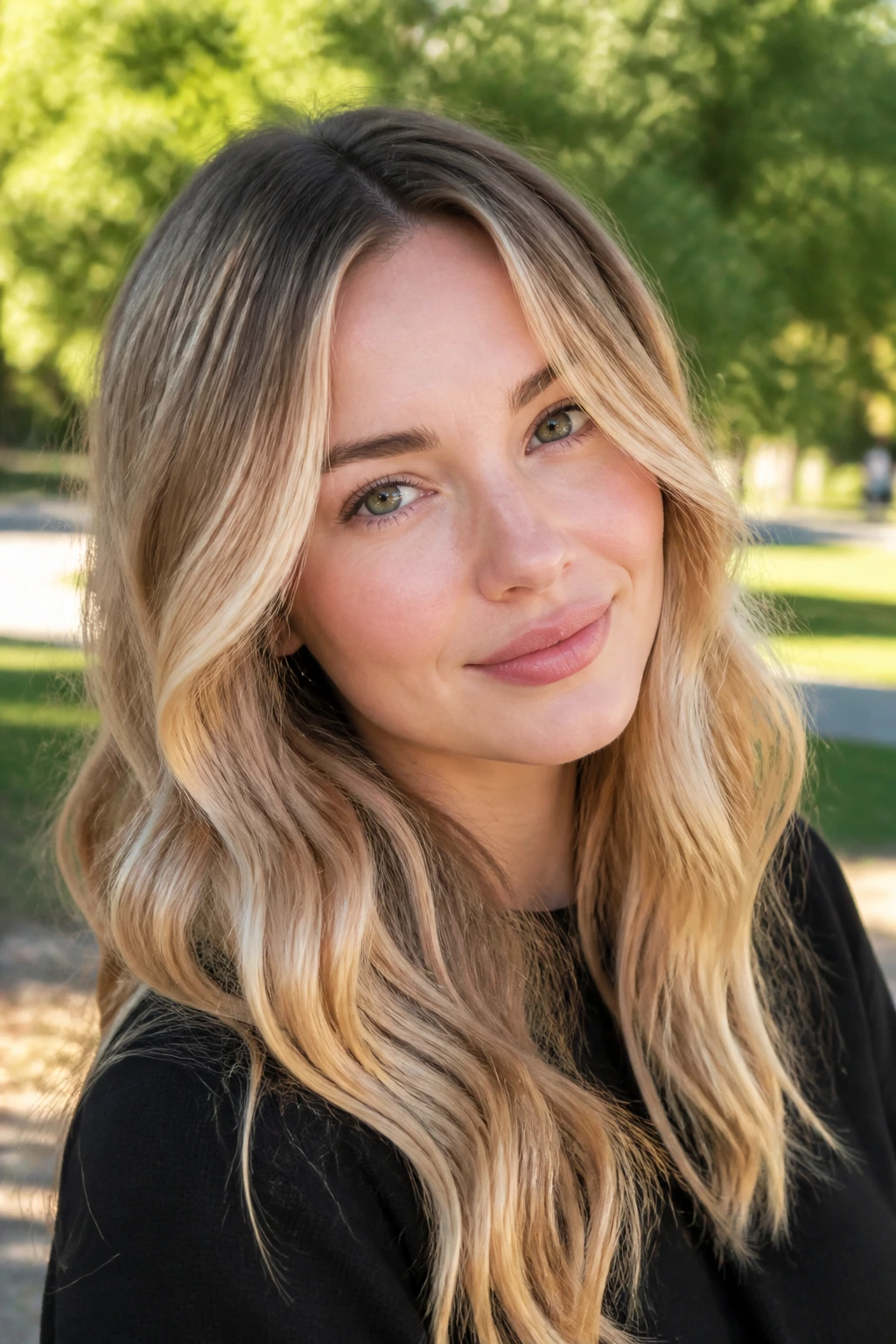 Close-up of a woman with buttery balayage hair outdoors