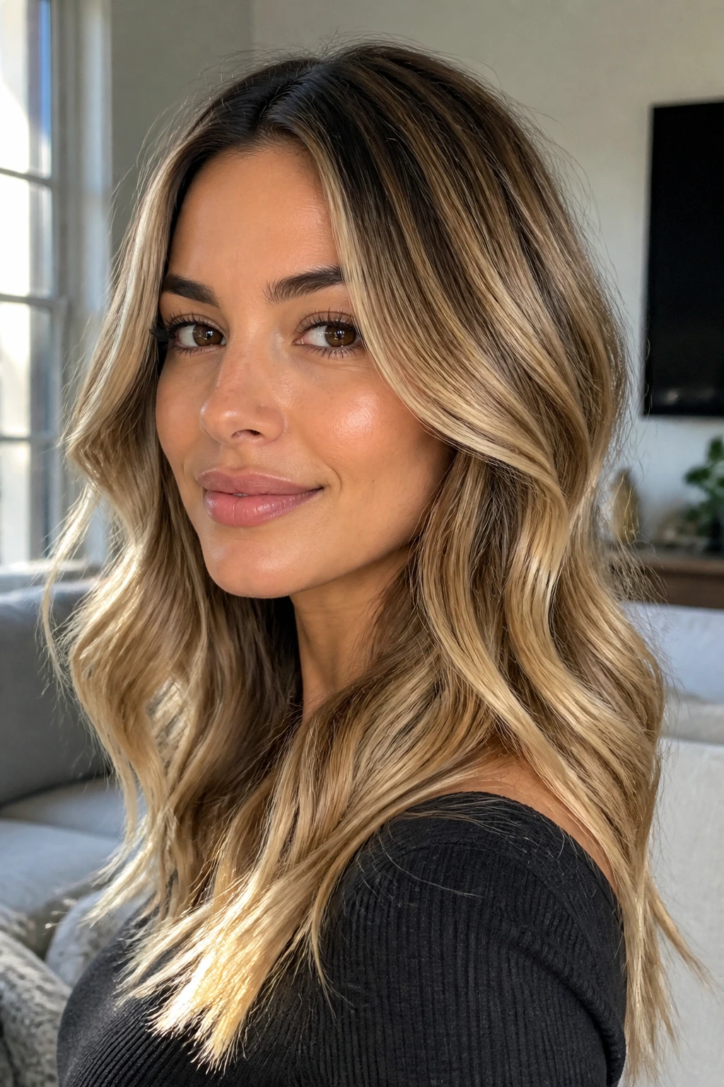 Portrait of a real person with buttery beige balayage on olive skin in soft daylight