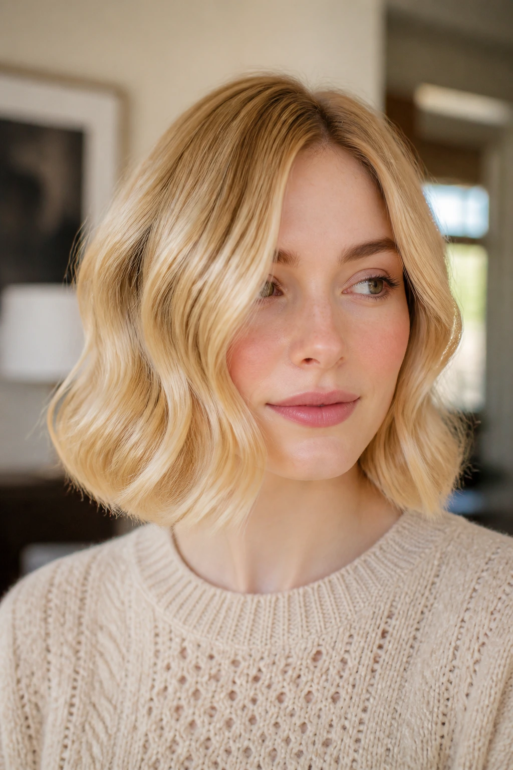Close-up portrait of a real woman with buttery beige S-Curve Bob showing warm, golden blonde tones
