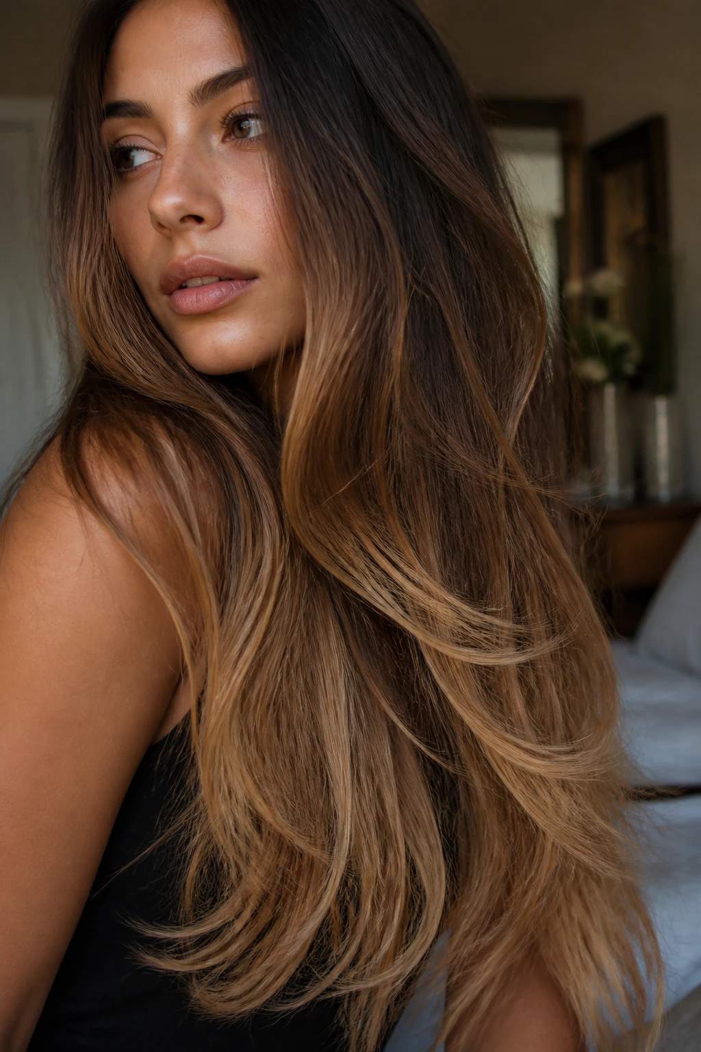 Close-up of long hair showing creamy beige ends blending with brown mid-lengths