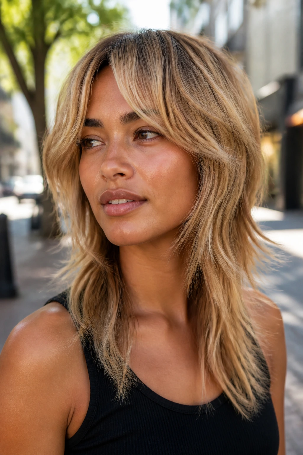 Backlit close-up of a real person with a buttery-beige wolf cut showing texture and layering