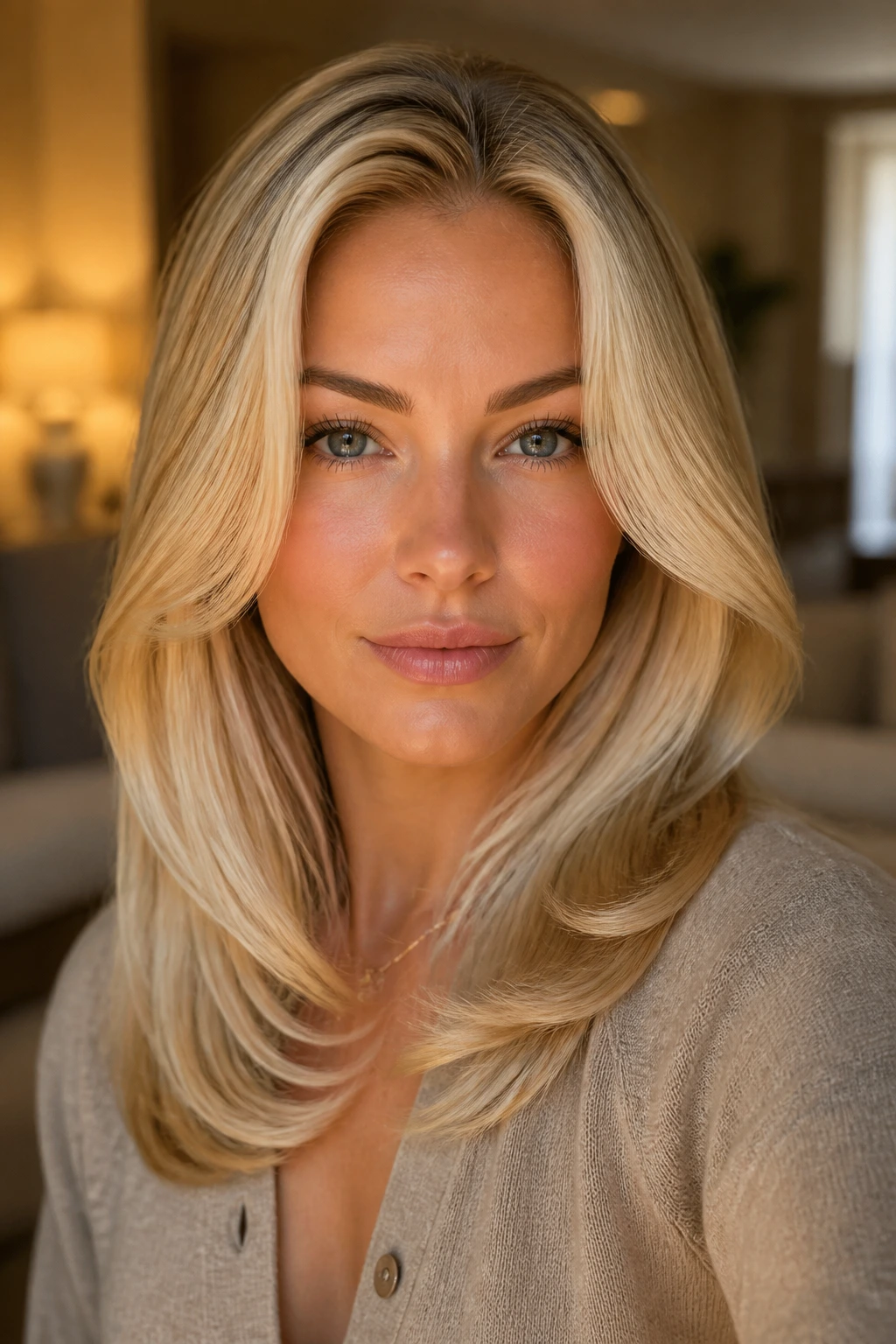 Buttery blonde blowout with rounded ends on a real person.