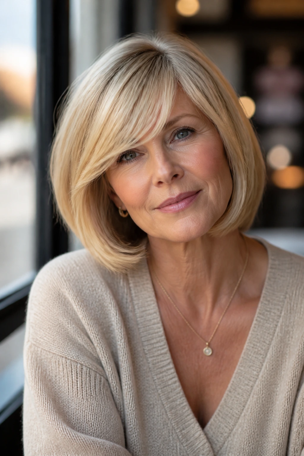 Close-up of a woman with warm buttery blonde bob and side-swept bangs in cafe daylight.