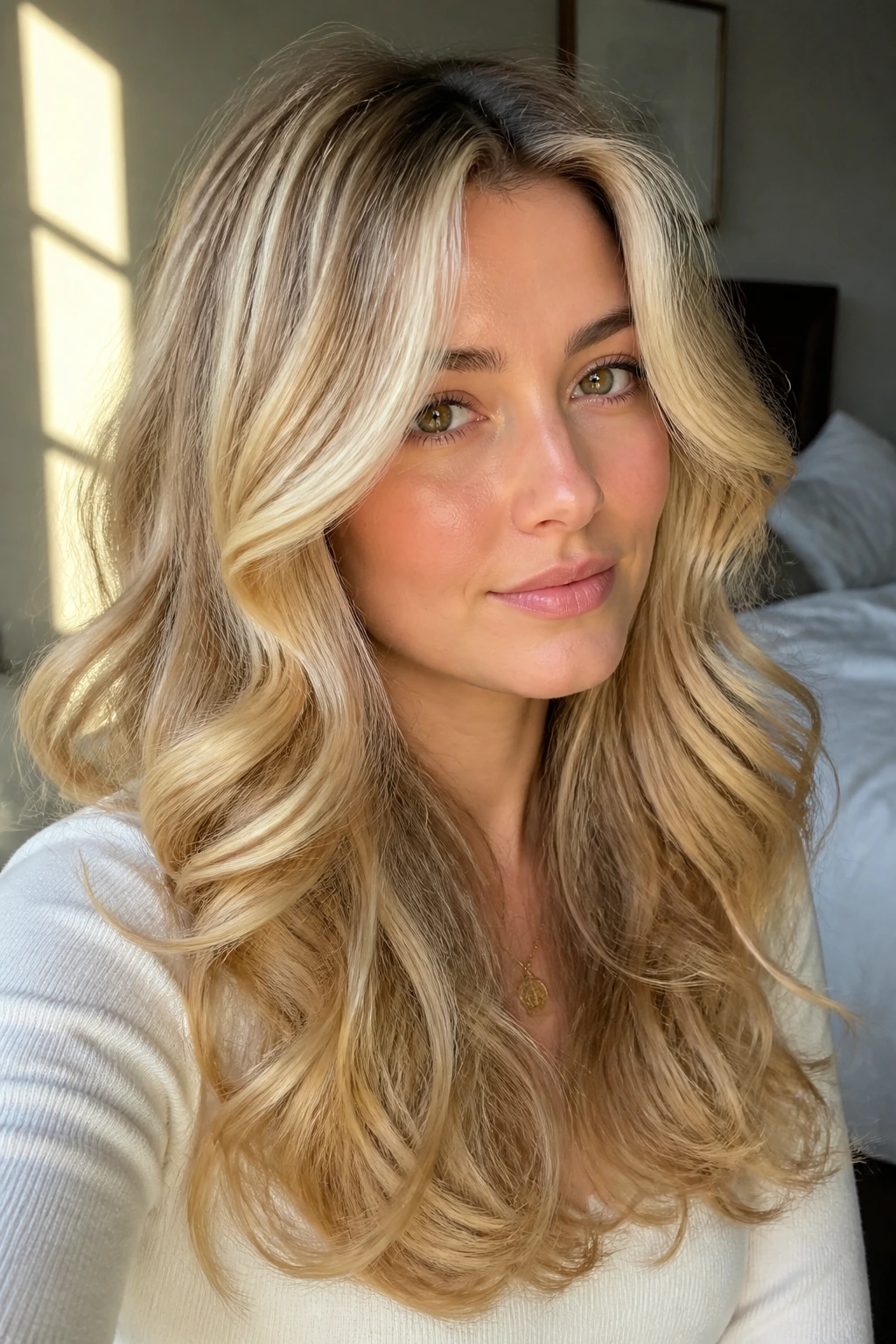 Close-up of buttery blonde curls framing the face on a real person