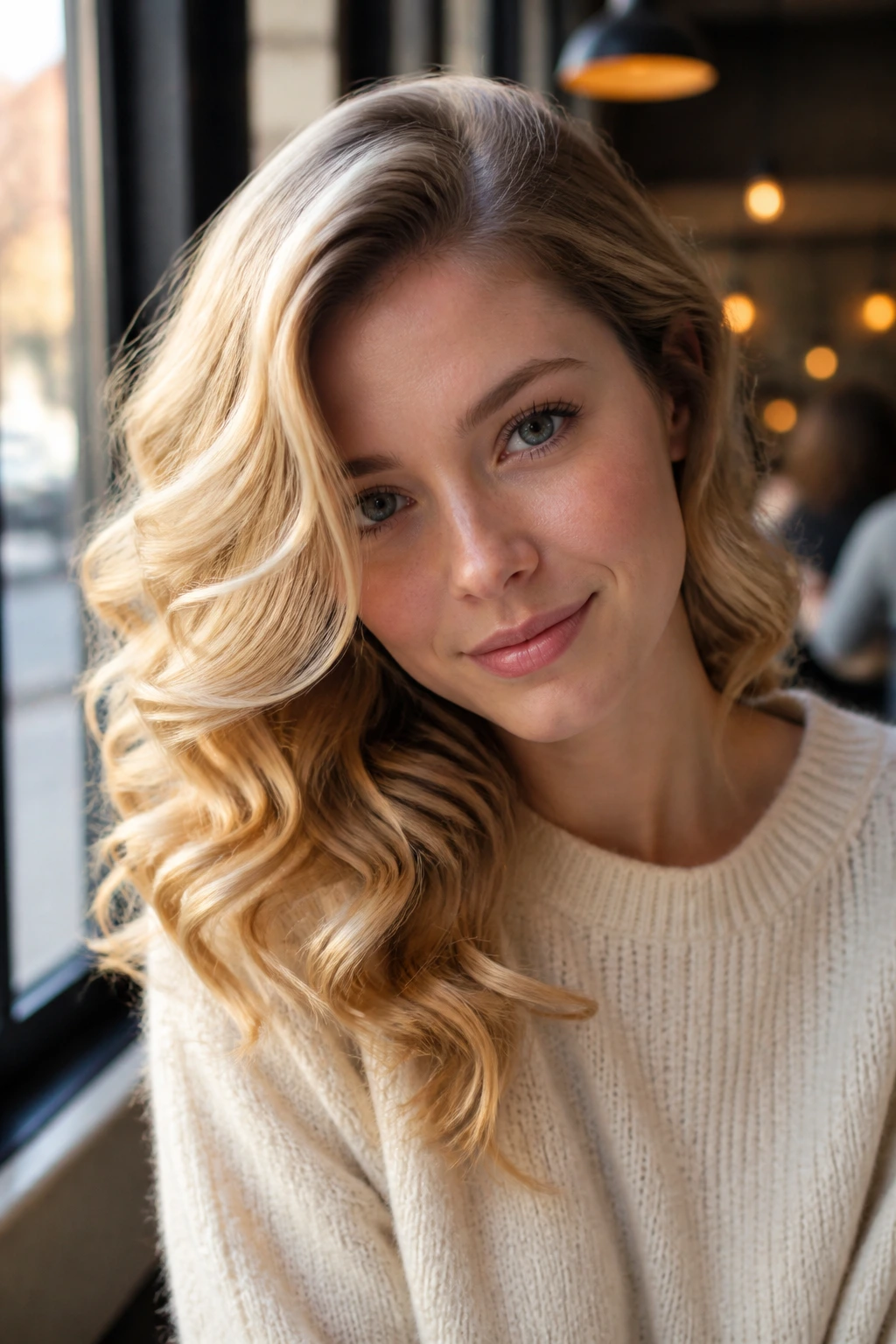 Portrait of a real woman with buttery side-part curls framing one side of the face