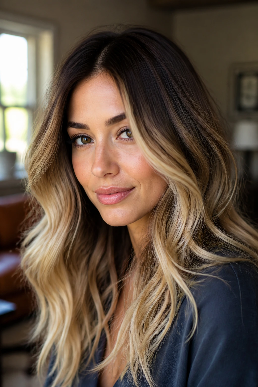 Real woman with dark roots and buttery blonde ends in soft waves.