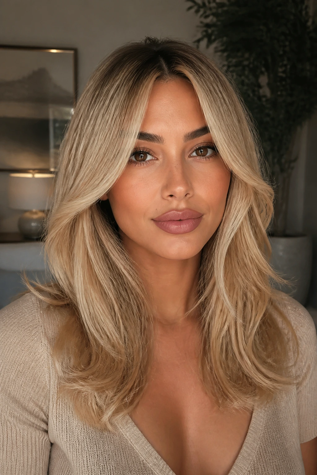 Portrait of a real woman with butter-blonde hair and face-framing layers.