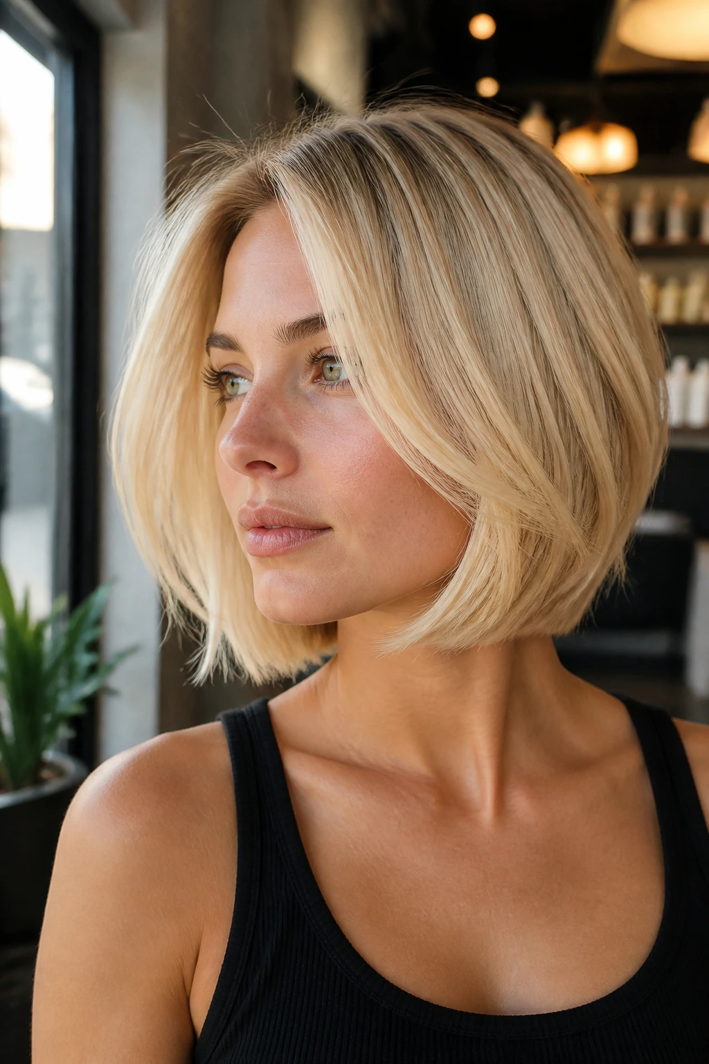 Close-up portrait of a real woman with a buttery blonde layered bob, warm light