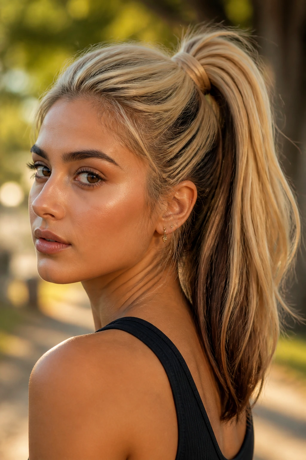 Close-up portrait of a woman with olive skin wearing a high ponytail showing a bright butter blonde top layer and darker underlayer