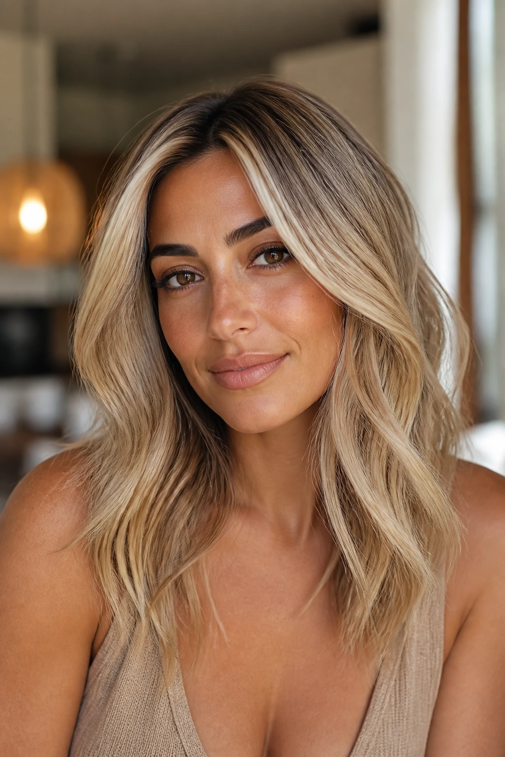 Portrait of a woman with buttery blonde hair on olive skin under soft warm light