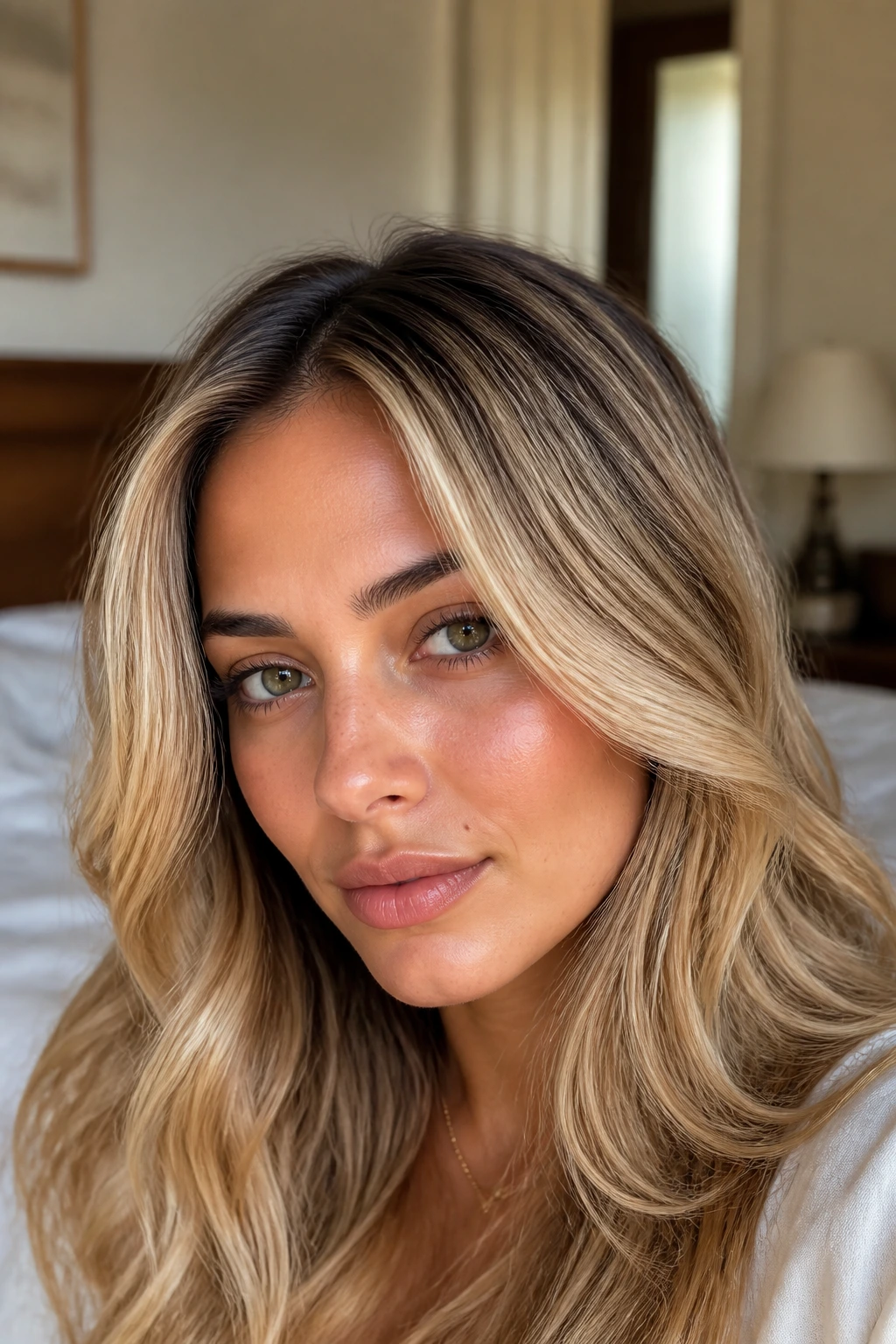 Close-up of olive-skinned woman with cream-toned buttery blonde hair.