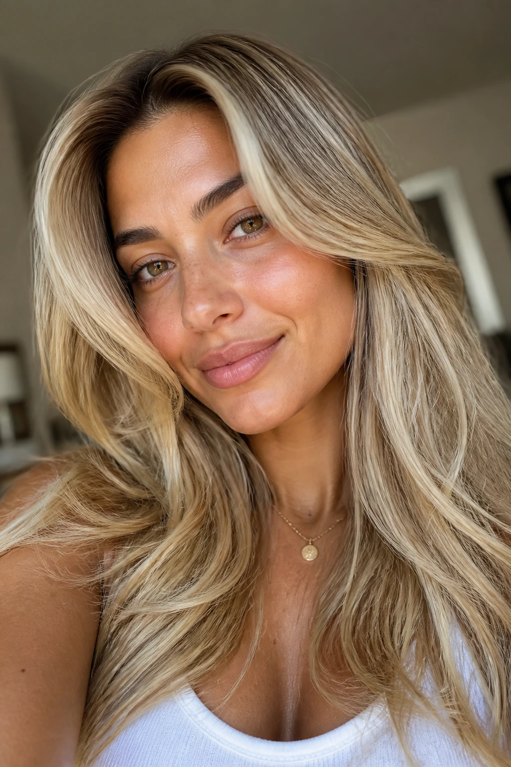 Close-up of olive-skin person with buttery blonde hair framing the face in natural window light
