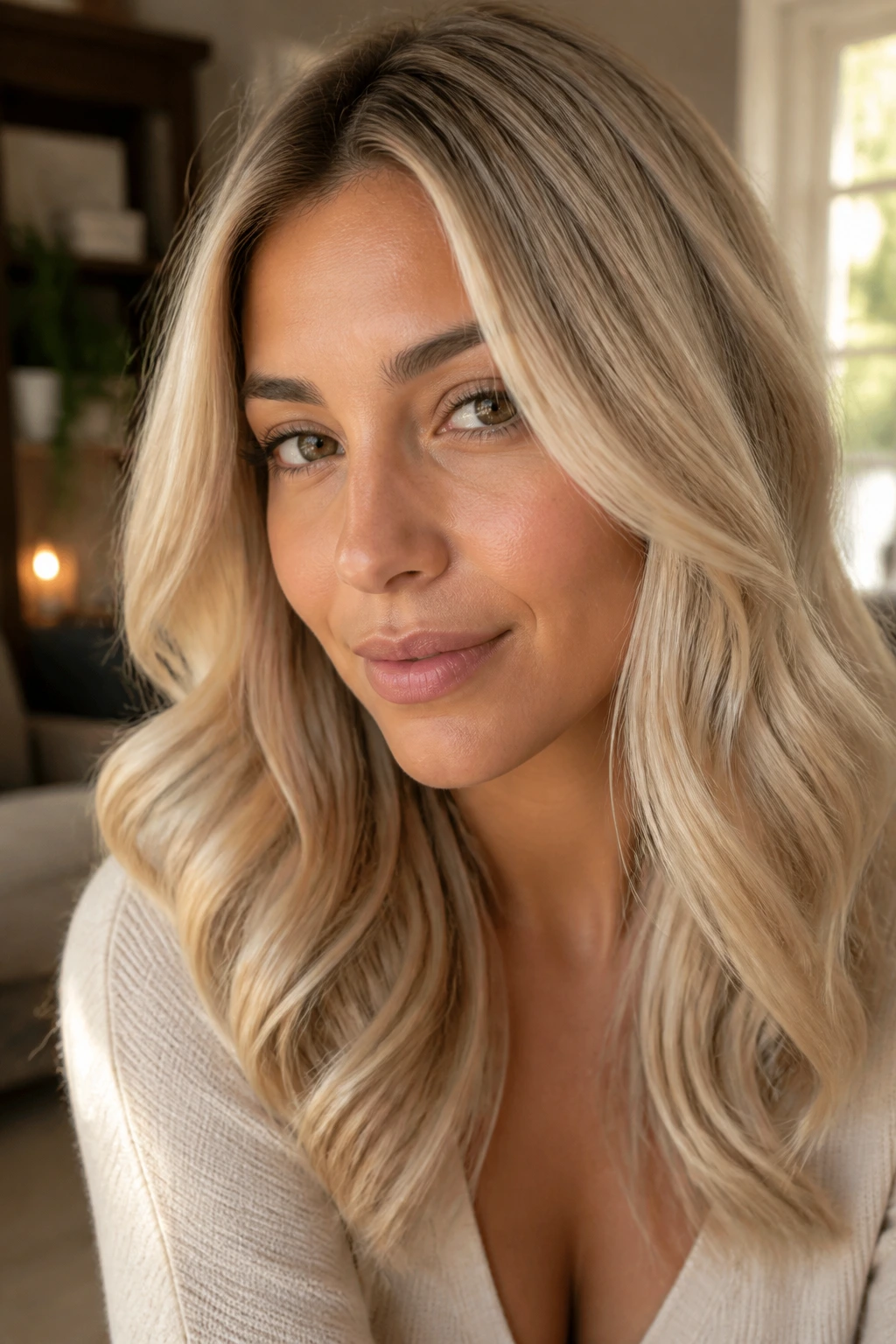 Portrait of a woman with olive undertones and warm creamy butter-blonde hair.