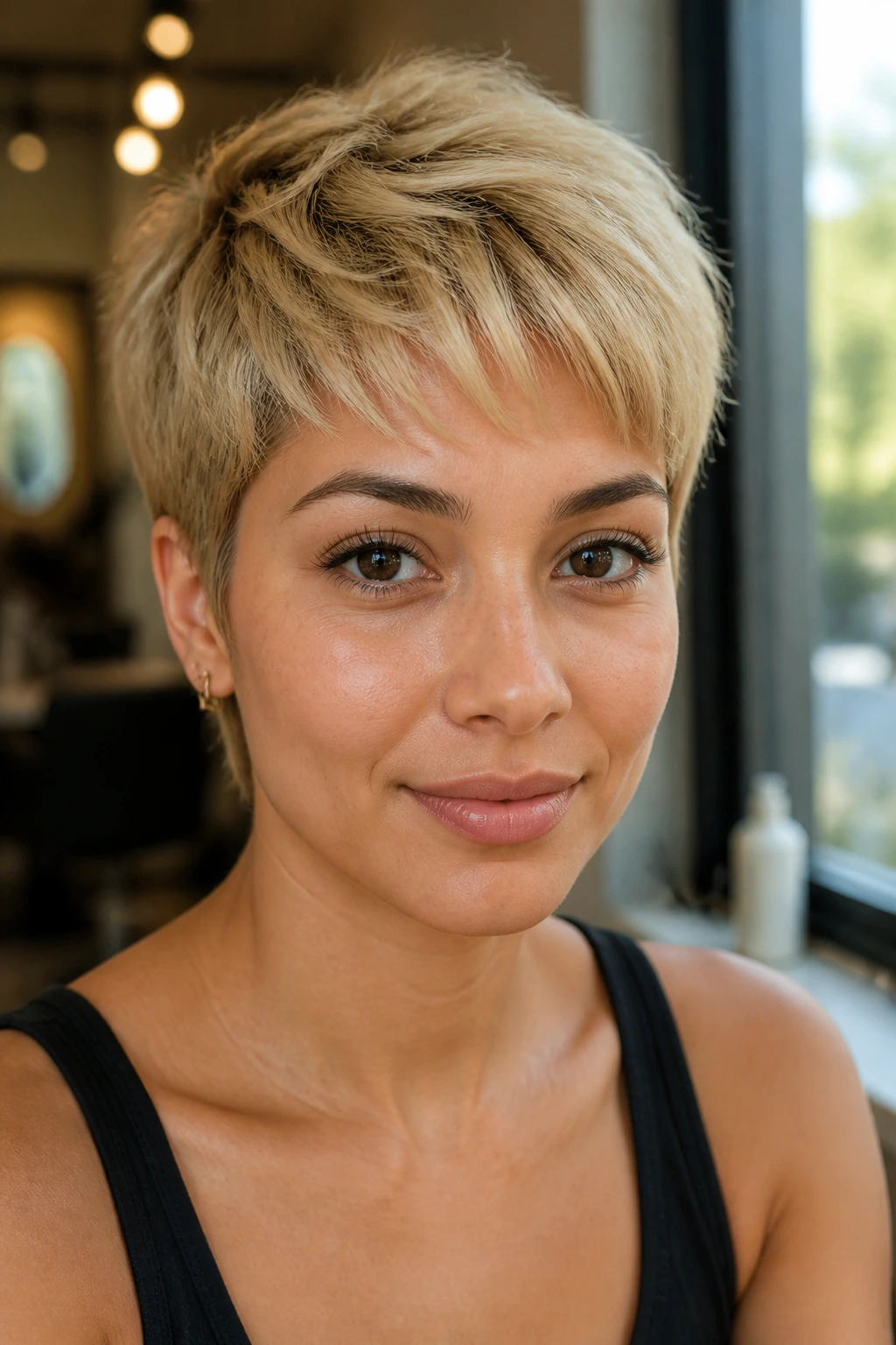 Close-up portrait of a real woman with a buttery blonde pixie cut