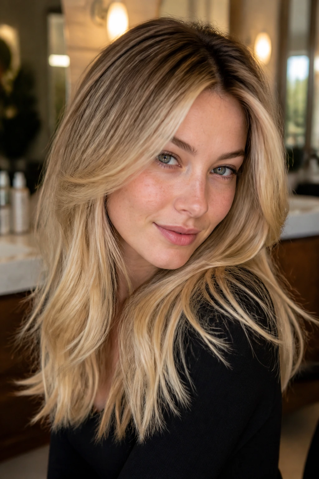 Portrait of pale-skinned person with buttery blonde and shadow root