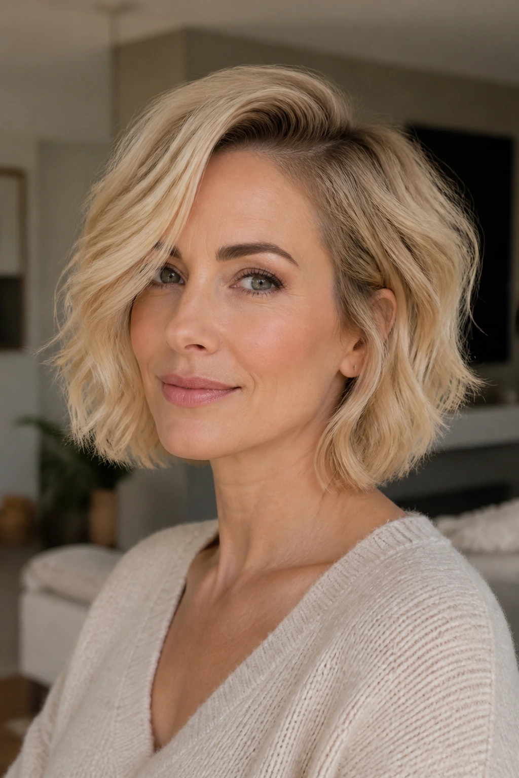 Close-up portrait of a real woman with a deep side part and buttery blonde bob
