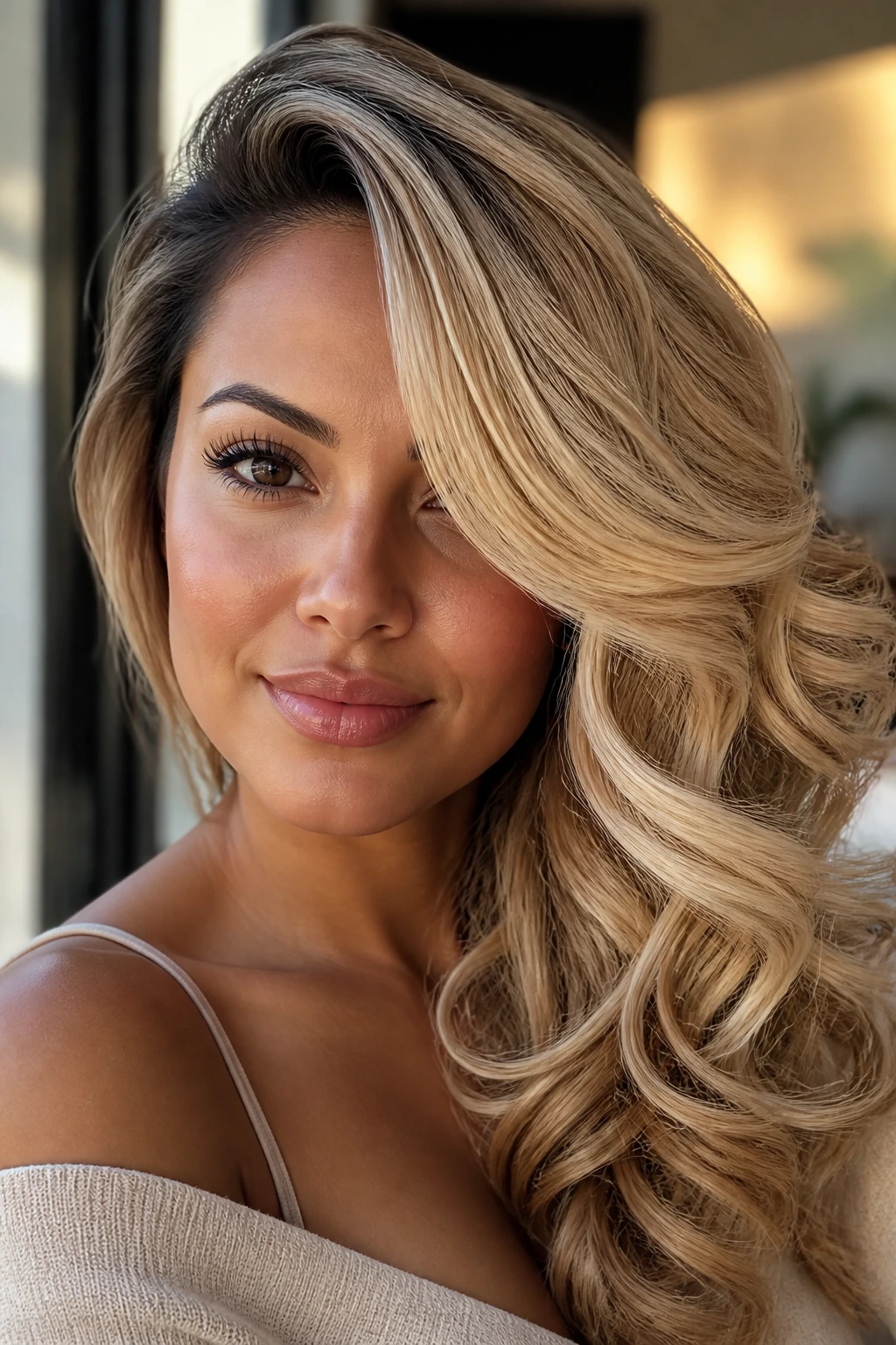 Close-up portrait of a real woman with buttery blonde side-swept curls