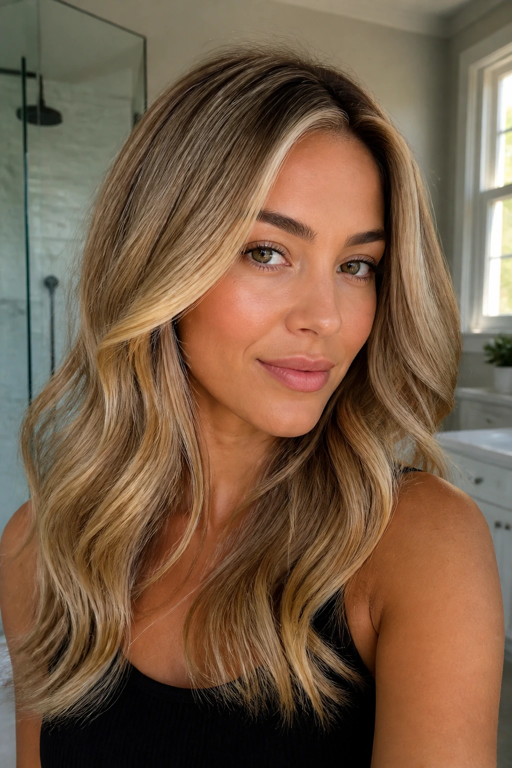 Portrait of a woman with multi-tone buttery blonde shades including beige and honey ribbons