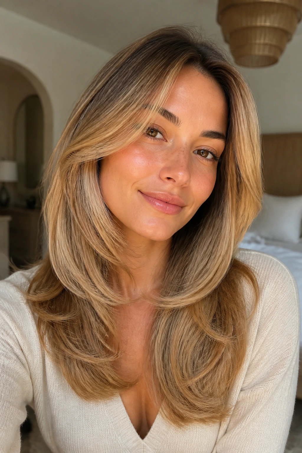 Close-up of real woman with buttery blowout and long layers in warm window light