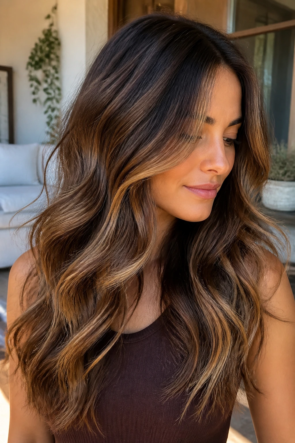 Buttery brunette waves with caramel highlights.