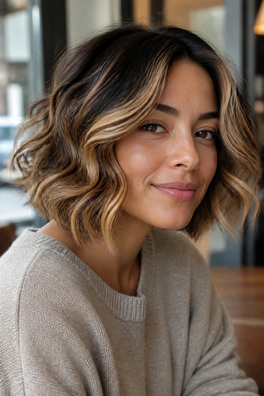 Real-person portrait of a bob with buttery caramel balayage and waviness.