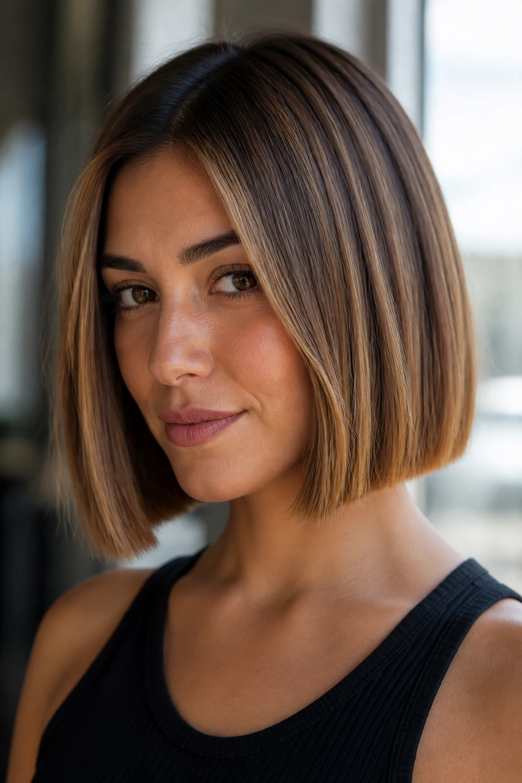 Close-up of a real person with a buttery caramel bob and blunt ends.