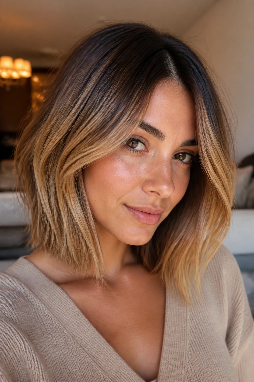 Olive-skinned woman with buttery caramel lob and shadow root