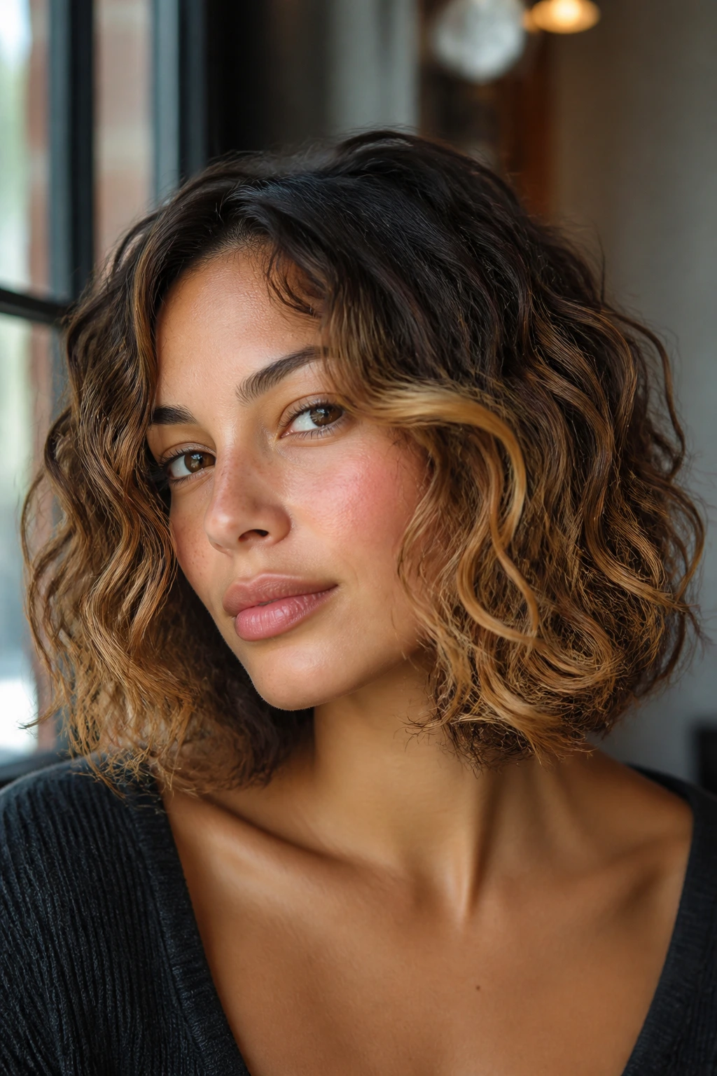 Close-up of a brunette with a buttery collarbone bob in warm light