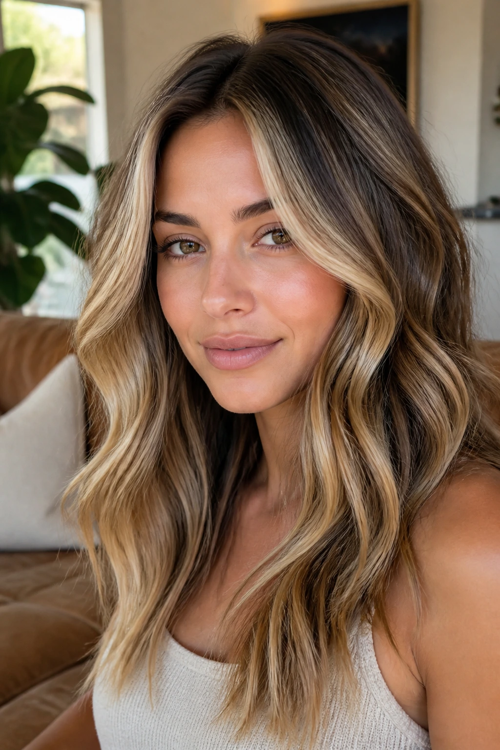 Close-up brunette with buttery contour highlights around front and crown