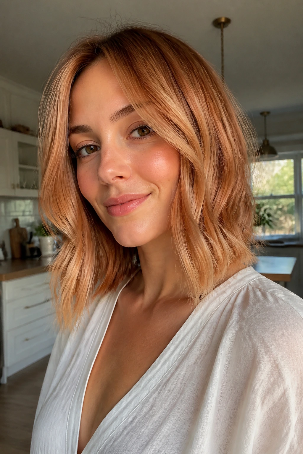 Close-up of a real person with buttery copper lob hair showing translucent ends
