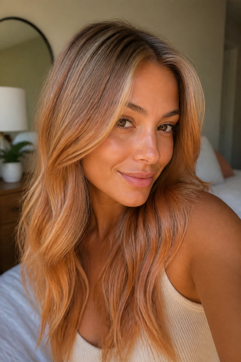 Close-up of a real woman with buttery copper root melt on tan skin in warm daylight