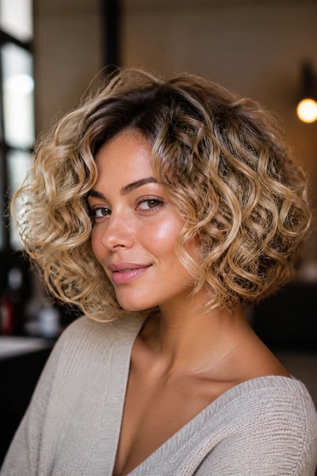 Close-up portrait of a real woman with a buttery curly bob