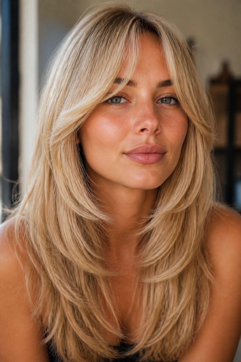 Close-up of a real woman with buttery curtain bangs and long layers in pale blonde tones.