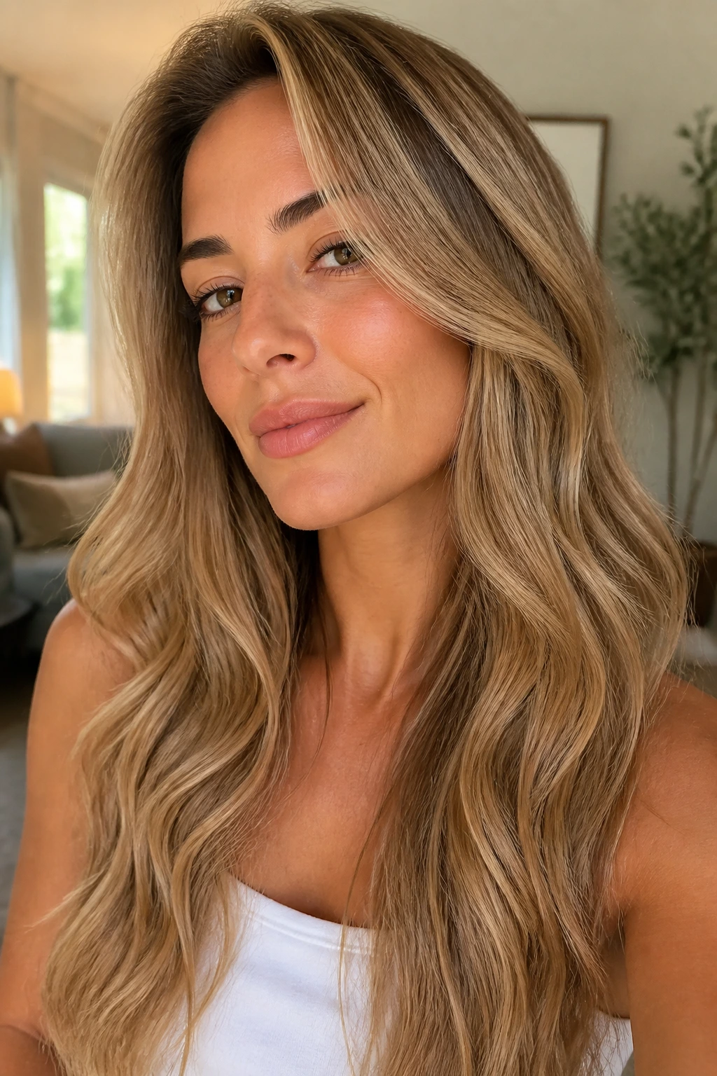 Close-up portrait of a real woman with buttery dark blonde hair in warm indoor light.
