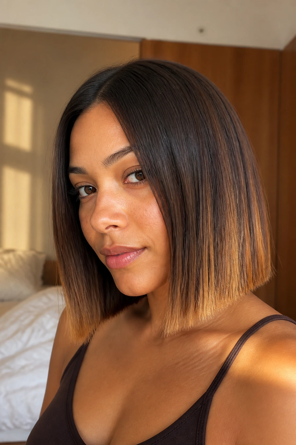 Close-up of a real woman with a blunt cut and buttery ends in warm window light