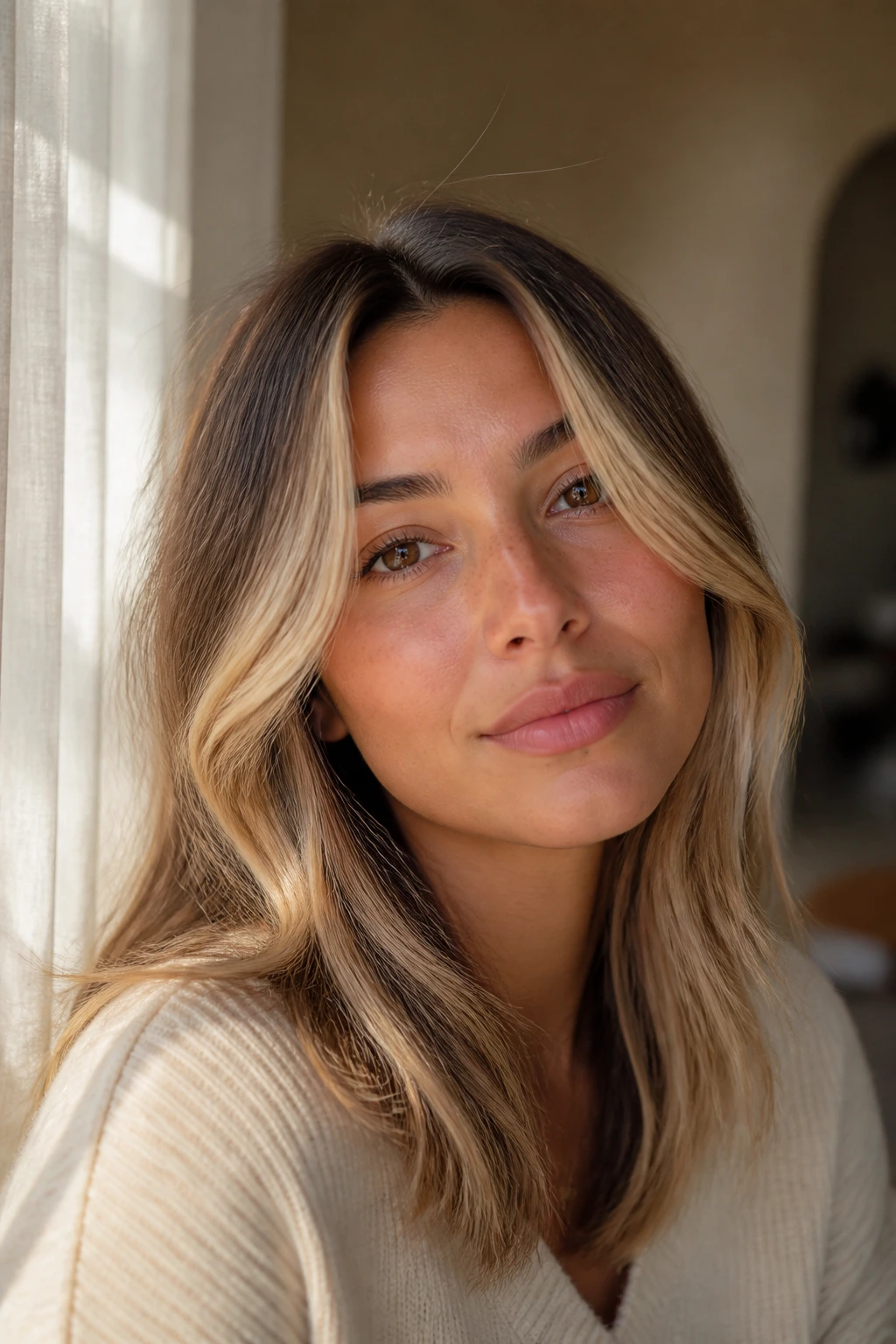 Buttery light face-framing pieces around cheeks on olive skin