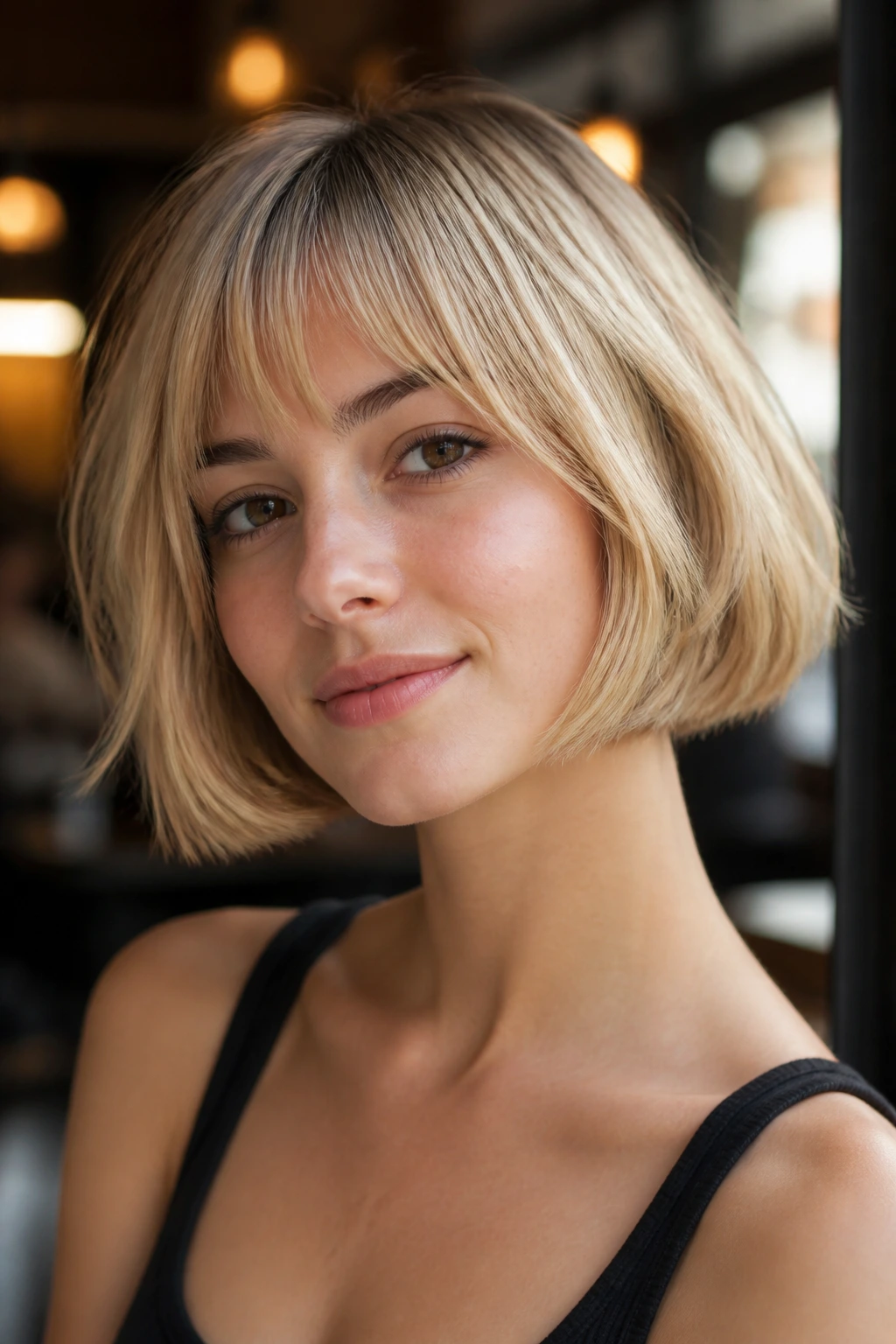 Close-up of a woman in a jaw-length French bob with buttery blonde color