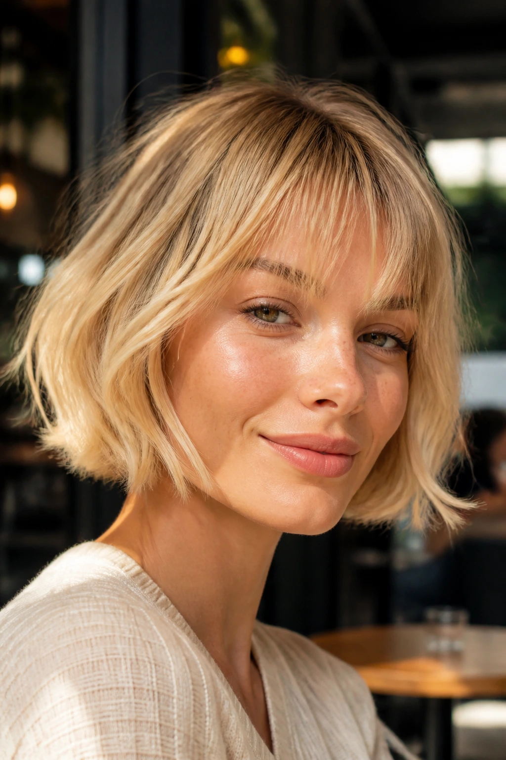 Close-up of real woman with buttery French bob in cafe light