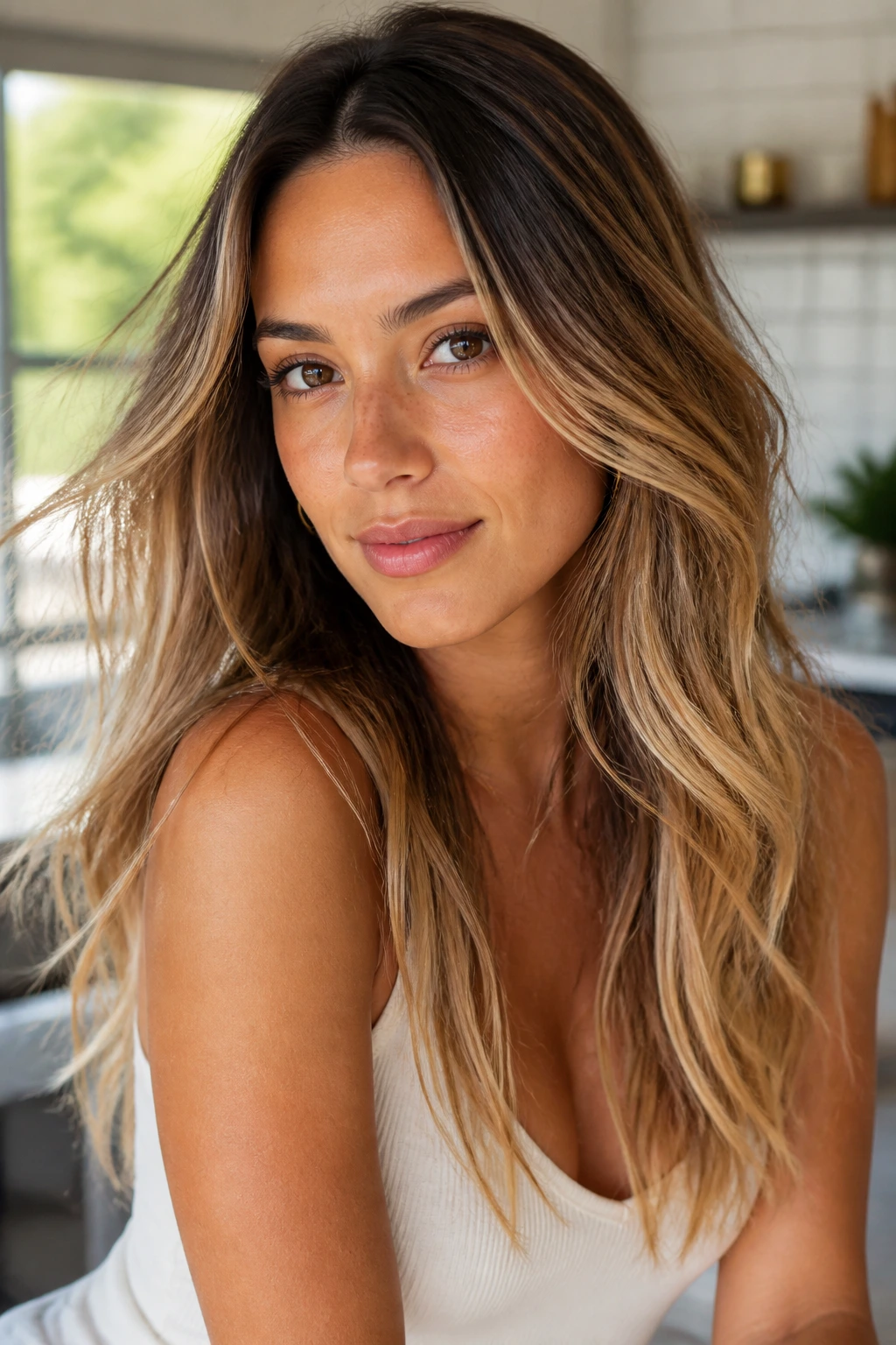 Close-up of a woman with buttery golden balayage and dark roots